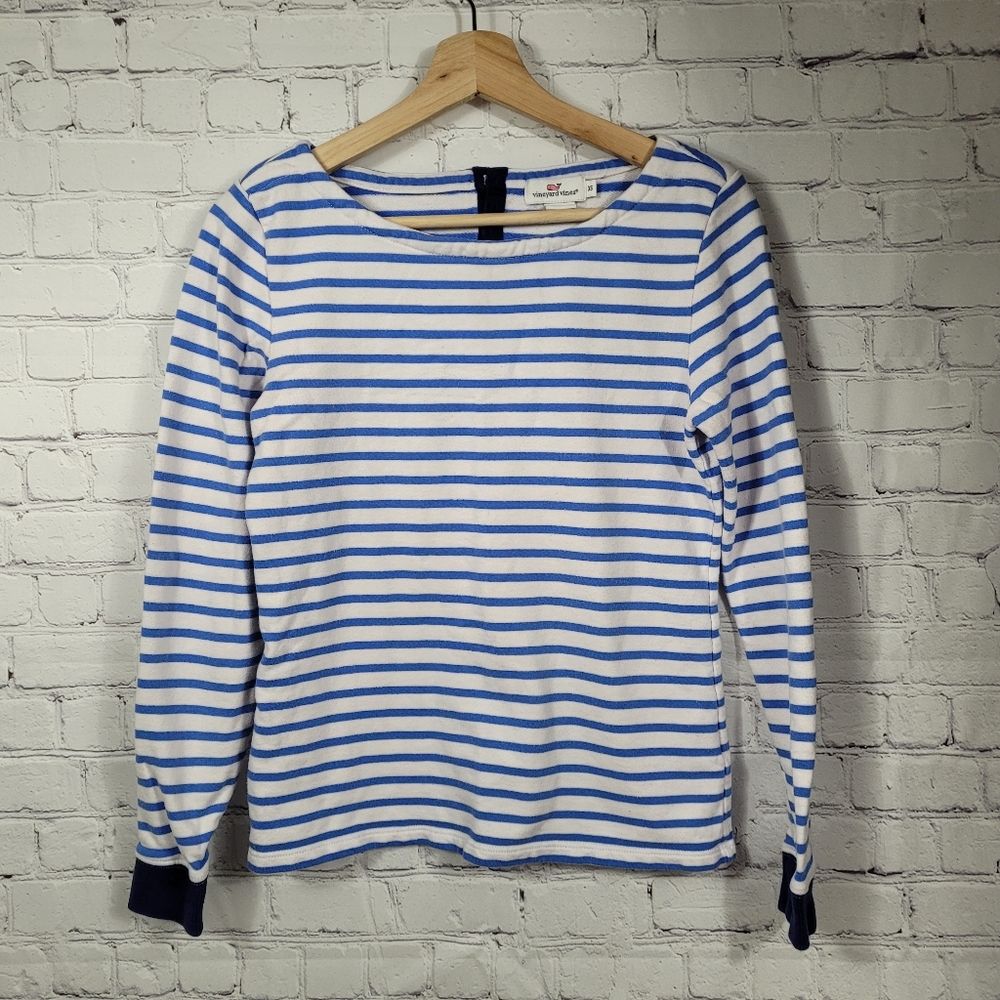 Vineyard Vines White Blue Striped Boat Neck Womens Sweatshirt